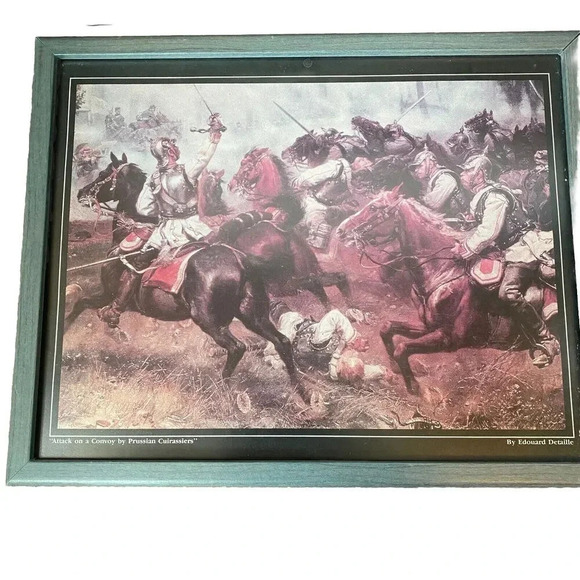 VTG Frame Art Print Edouard Detaille Attack On A Convoy By Prussian Cuirassiers - Picture 1 of 9